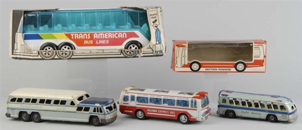 LOT OF 4: TOY BUSSES.                             