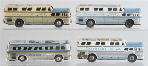 LOT OF 4: TIN GREYHOUND BUS FRICTION TOYS.        