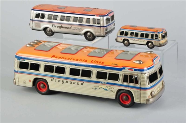 LOT OF 3: TIN GREYHOUND BUS FRICTION TOYS.        