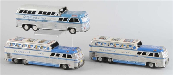 LOT OF 3: TIN GREYHOUND SCENICRUISER BUS TOYS.    