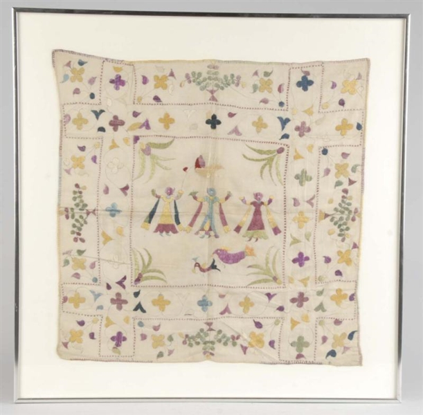 FRAMED LARGE SEWN FLORAL CLOTH WITH 3 FIGURES.    