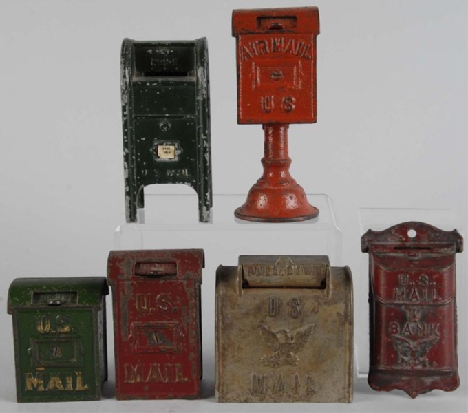 LOT OF 6: CAST IRON MAILBOX STILL BANKS.          