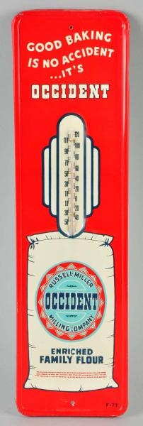 EMBOSSED TIN OCCIDENT FAMILY FLOUR THERMOMETER.   