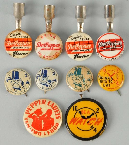 GROUP OF DR. PEPPER PINBACKS & PENCIL CLIPS.      