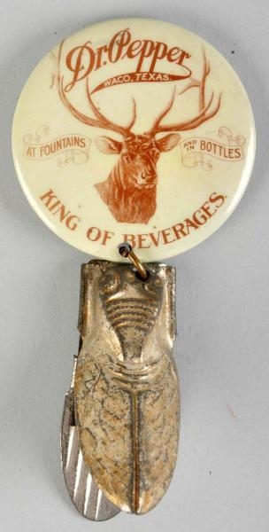 CELLULOID DR. PEPPER BADGE WITH ATTACHED CLICKER. 