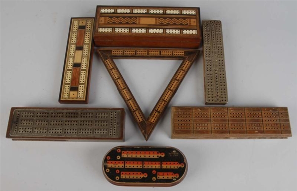 LOT OF 7: WOODEN CRIBBAGE BOARD GAMES.            