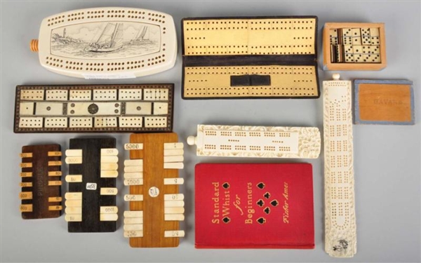 LOT OF 10: CRIBBAGE BOARDS & WHIST COUNTERS.      