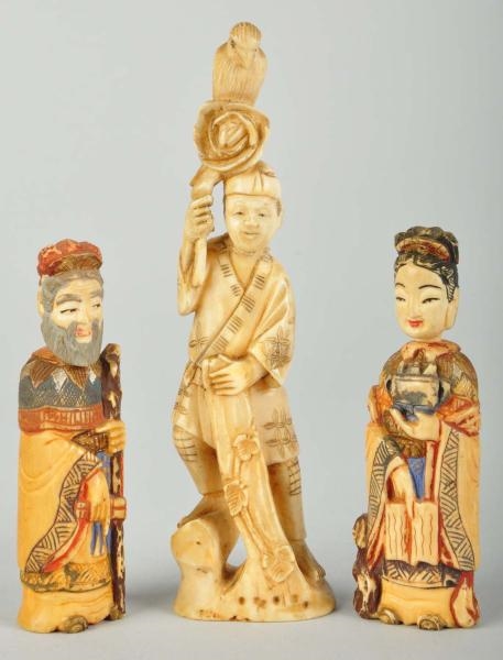 LOT OF 3: HIGHLY CARVED IVORY PIECES.             