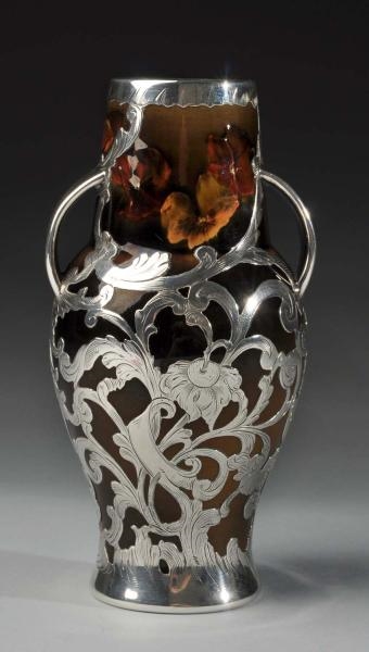 SMALL ROOKWOOD POTTERY VASE WITH SILVER OVERLAY.  
