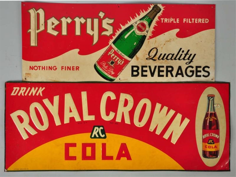 LOT OF 2: EMBOSSED TIN R.C. COLA & PERRYS SIGNS. 