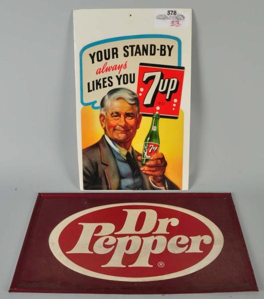 LOT OF 2: CARDBOARD 7UP & TIN DR. PEPPER SIGNS.   