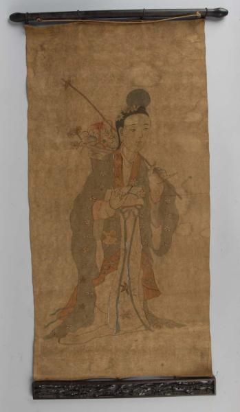ORIENTAL DOUBLE-SIDED HANGING PAINTING ON CLOTH.  