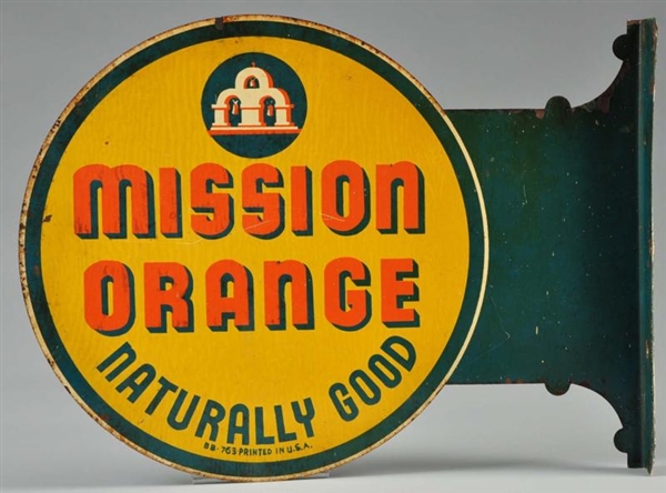 1940S TIN MISSION ORANGE FLANGE SIGN.             