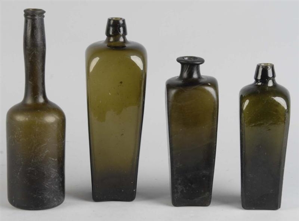 LOT OF 4: EARLY GREEN GLASS BOTTLES.              