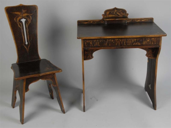 WOODEN INLAY & FLORAL DECORATED DESK & CHAIR SET. 