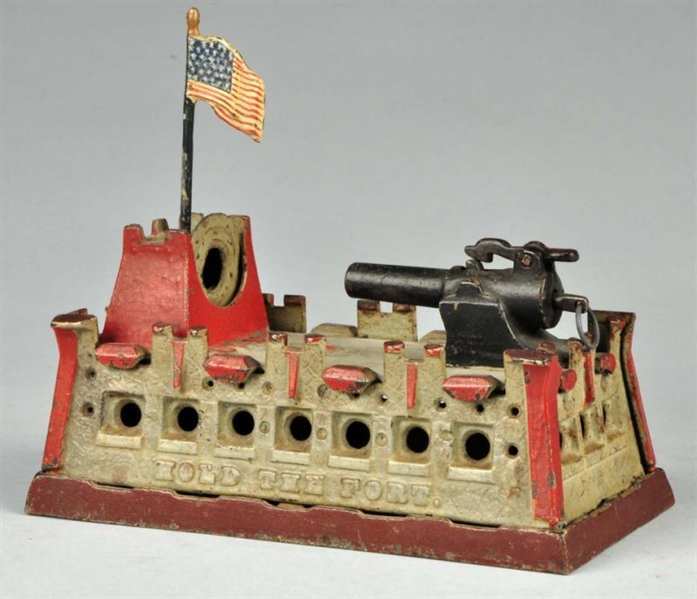 CAST IRON FORT MECHANICAL BANK WITH 7 HOLES.      