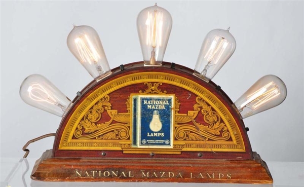 TIN LITHO MAZDA LAMP DISPLAY WITH WOODEN BASE.    