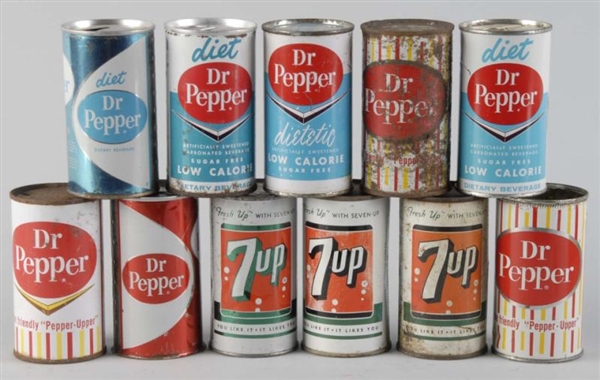 LOT OF 11: ASSORTED DR. PEPPER & 7UP CANS.        