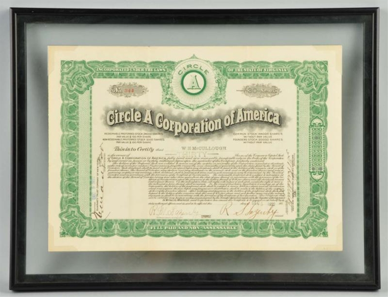 CIRCLE A CORPORATION STOCK CERTIFICATE.           