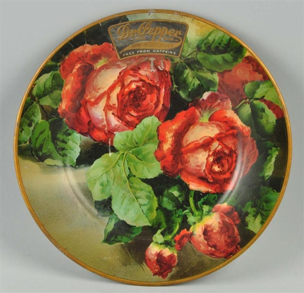 TIN DR. PEPPER ART PLATE WITH ROSES.              