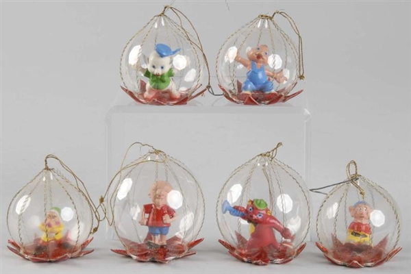 LOT OF 6: GLASS CHARACTER CHRISTMAS ORNAMENTS.    