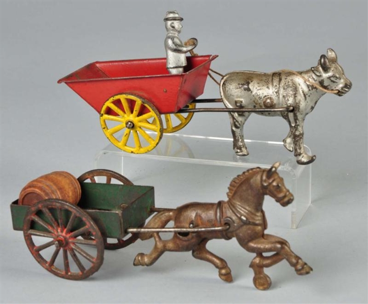 LOT OF 2: CAST IRON & TIN ANIMAL-DRAWN CART TOYS. 