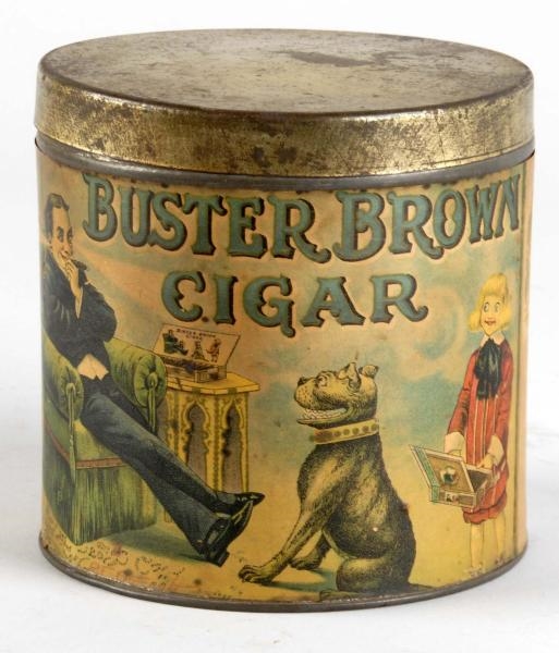 BUSTER BROWN CIGAR TIN WITH PAPER LABEL.          