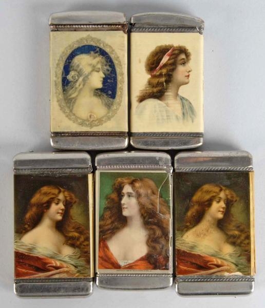LOT OF 5: ASSORTED CELLULOID MATCH SAFES.         