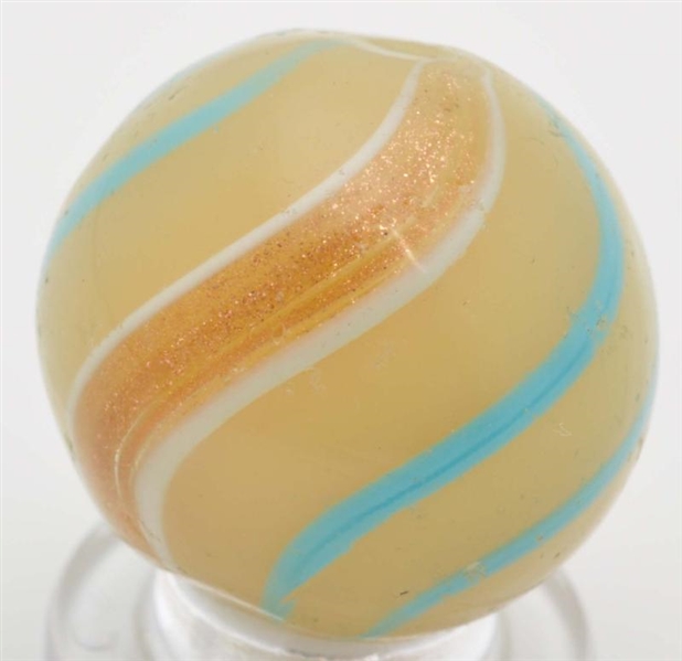 SEMI-OPAQUE CUSTARD BANDED LUTZ MARBLE.           