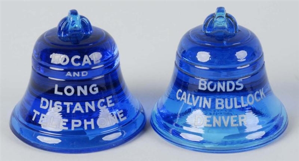 LOT OF 2: BLUE GLASS BELL PAPERWEIGHTS.           