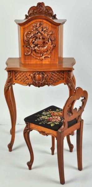 ORNATE TELEPHONE STAND WITH CHAIR.                