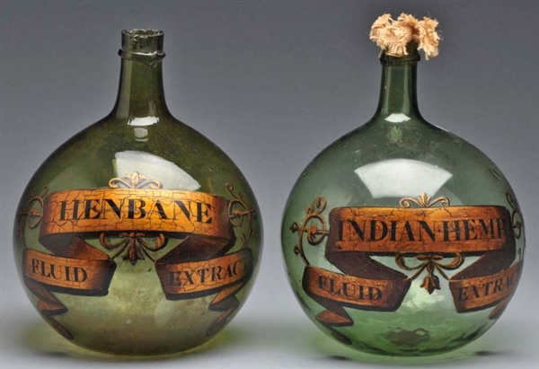 LOT OF 2:  GREEN DEMIJOHN APOTHECARY SHOW BOTTLES 