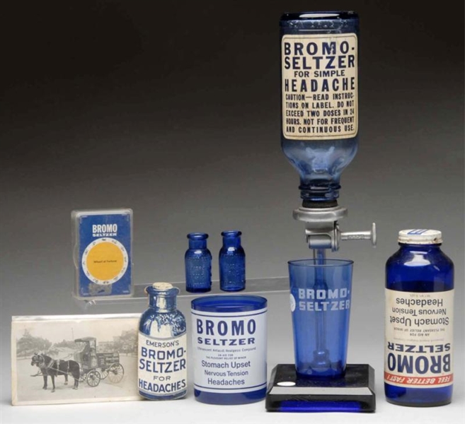 LOT OF 10: ASSORTED BLUE BROMO-SELTZER ITEMS.     