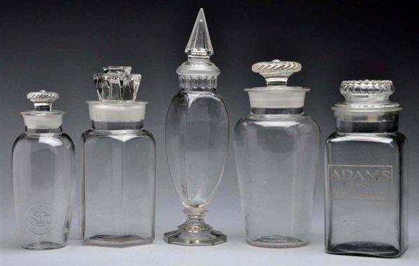 LOT OF 5: GLASS APOTHECARY CANDY & STORAGE JARS.  