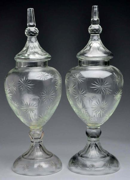 LOT OF 2: GLASS STAR PATTERN APOTHERCARY JARS.    