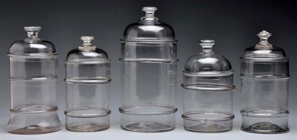 LOT OF 5: APOTHECARY CONFECTIONARY RING JARS.     