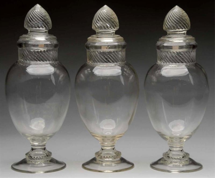 LOT OF 3: COLUMBIA URN APOTHECARY CANDY JARS.     