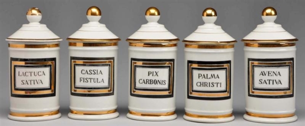 LOT OF 5:  GILDED PORCELAIN APOTHECARY JARS.      