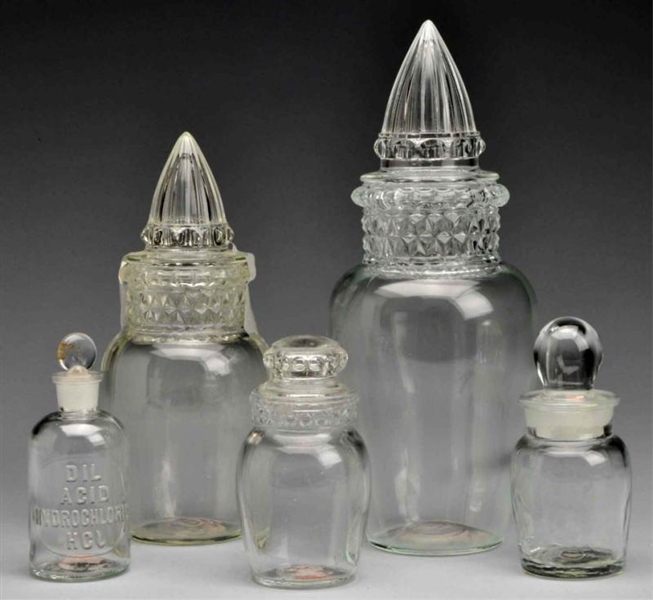 LOT OF 5 ASSORTED GLASS APOTHECARY JARS WITH LIDS 