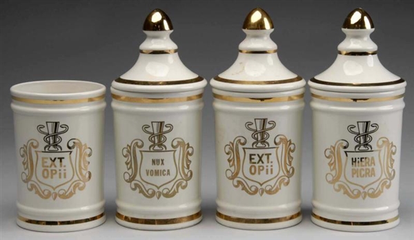 LOT OF 4: GILDED PORCELAIN APOTHECARY JARS.       