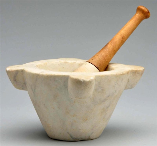EARLY MARBLE & WOOD MORTAR & PESTLE.              