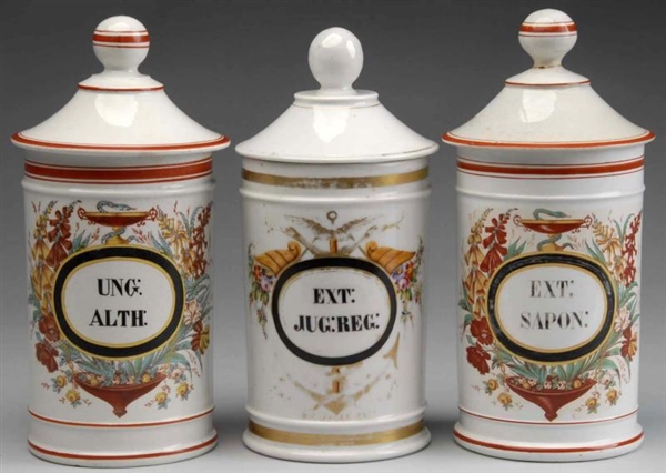 LOT OF 3 FRENCH PORCELAIN APOTHECARY DISPLAY JARS 