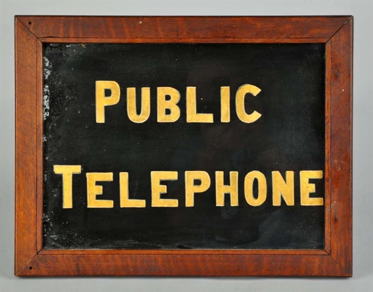 REVERSE ON GLASS PUBLIC TELEPHONE SIGN.           