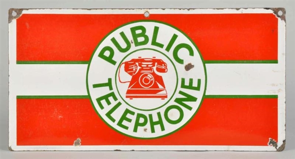 PORCELAIN RED PUBLIC TELEPHONE 2-SIDED SIGN.      