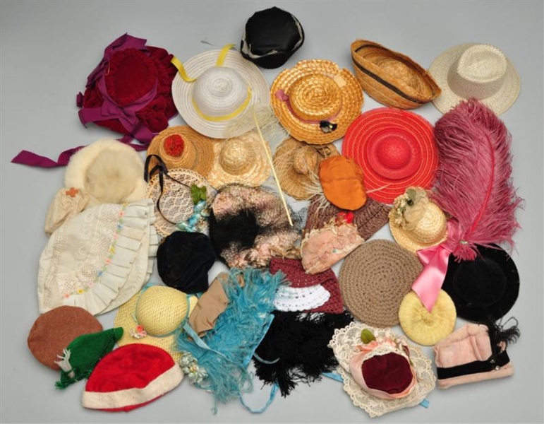 LOT OF 30+ DOLL HATS.                             