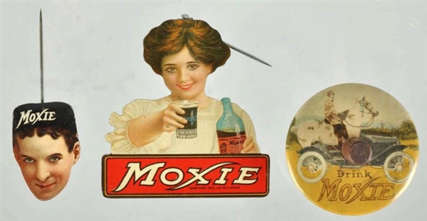 LOT OF 3: MOXIE ADVERTISING ITEMS.                