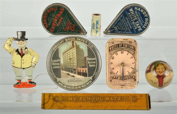 LOT OF 8: ASSORTED TIN ADVERTISING PIECES.        