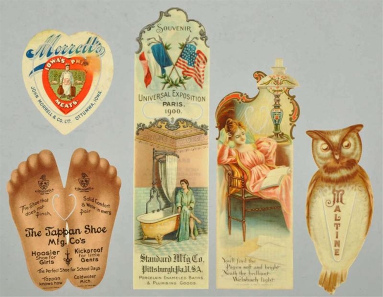 LOT OF 5: CELLULOID ADVERTISING BOOKMARKS.        