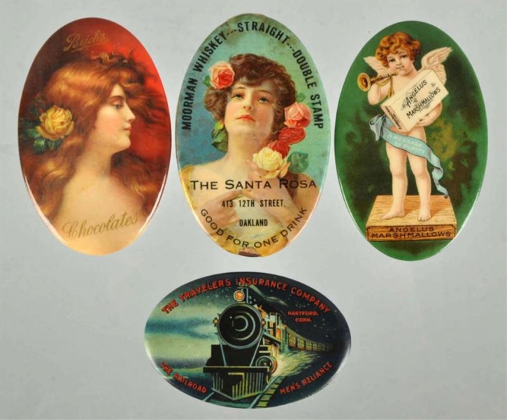 LOT OF 4: OVAL ADVERTISING POCKET MIRRORS.        