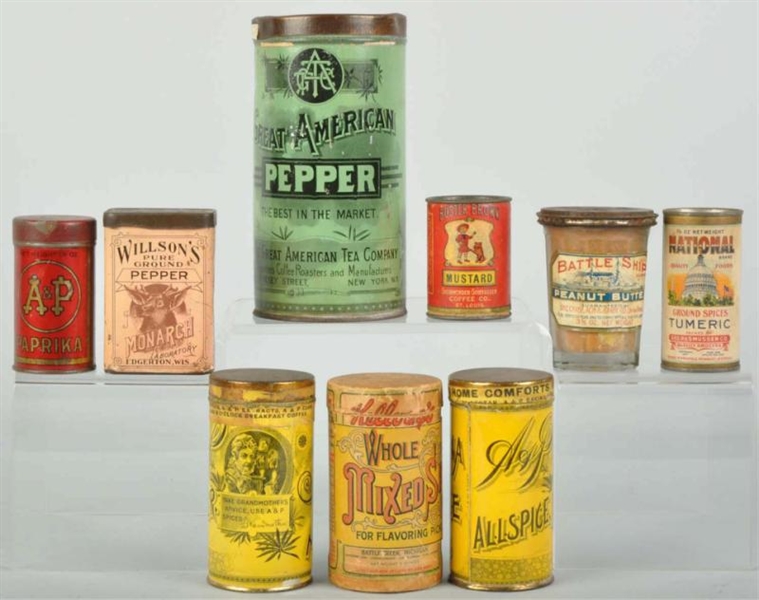 LOT OF 9: FOOD PRODUCT TINS.                      